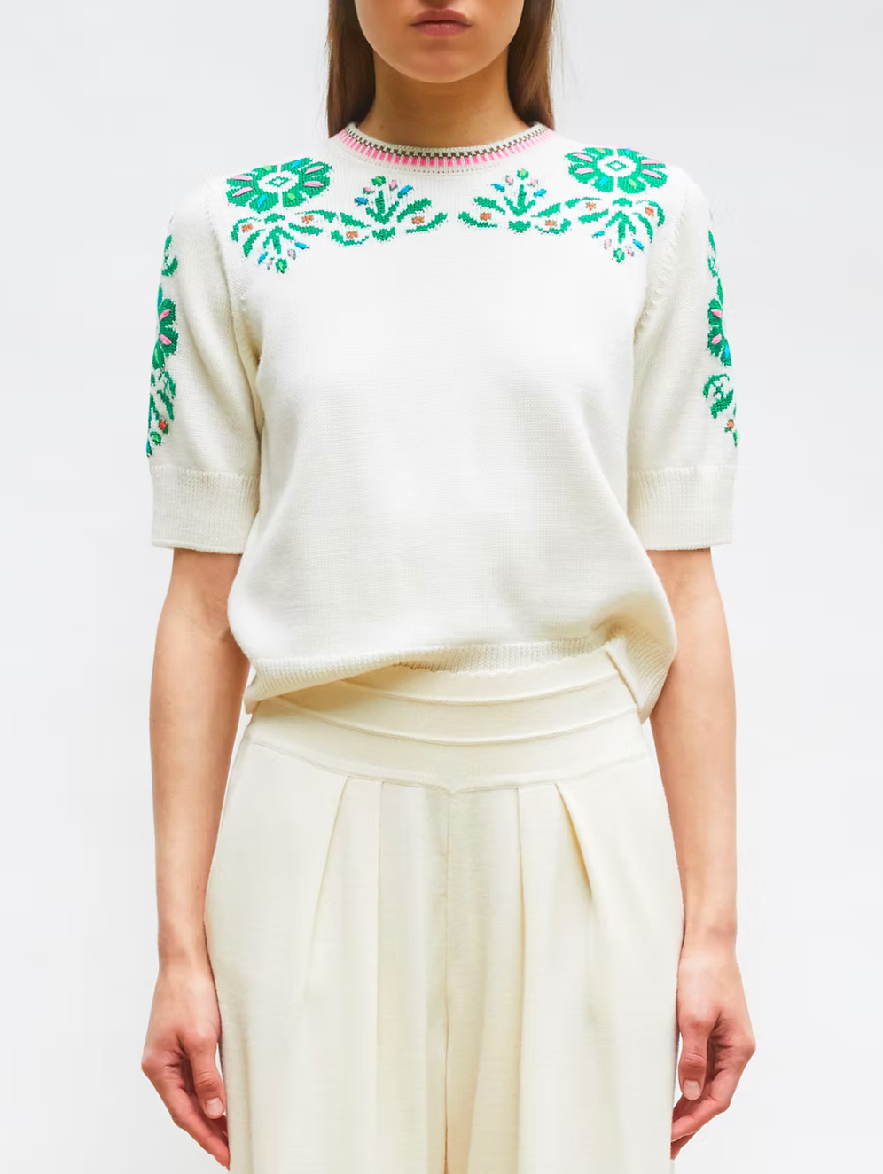 Top maille florale naturel molli