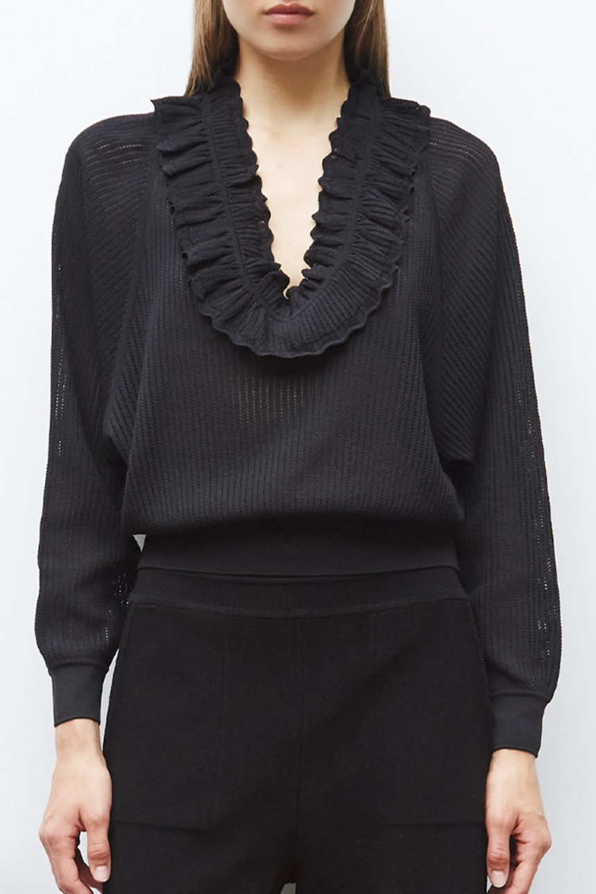 Top col v en maille ajourée Alliance Noir Molli