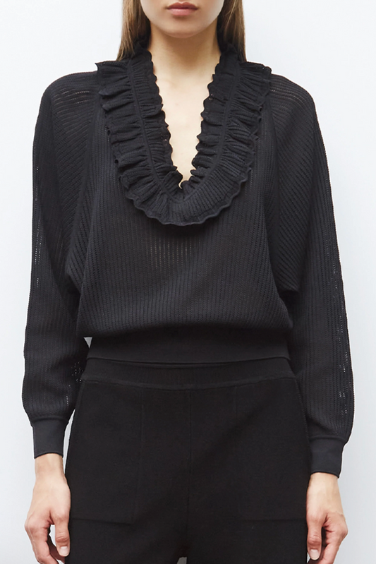 Top col v en maille ajourée Alliance Noir Molli