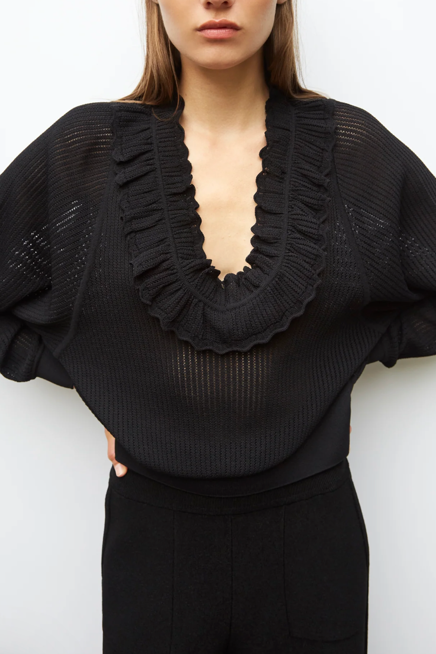 Top col v en maille ajourée Alliance Noir Molli