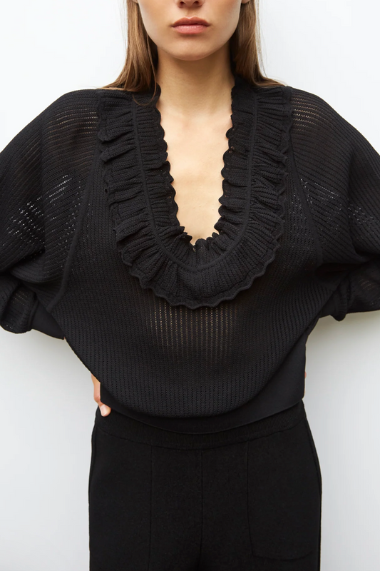 Top col v en maille ajourée Alliance Noir Molli