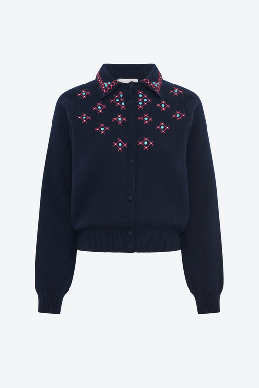 Cardigan maille brodée main nuit