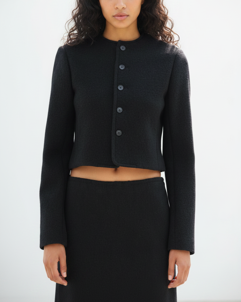 Auralee – Veste sans col en laine et coton foulés