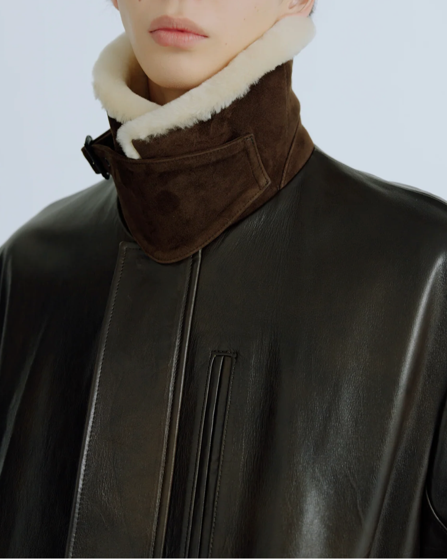 Ssstein - Blouson zippé en cuir col peau lainée