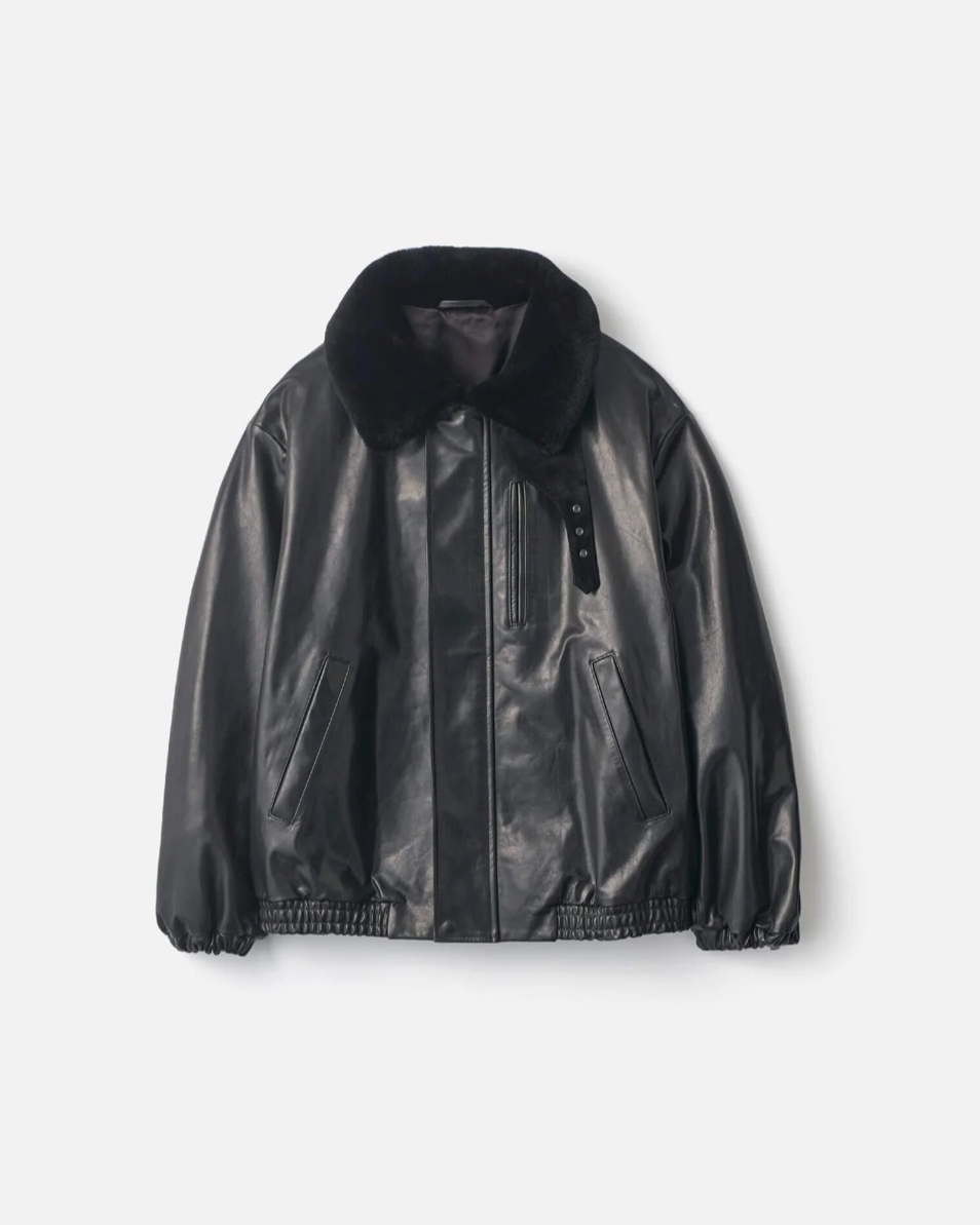 Ssstein - Blouson zippé en cuir col peau lainée