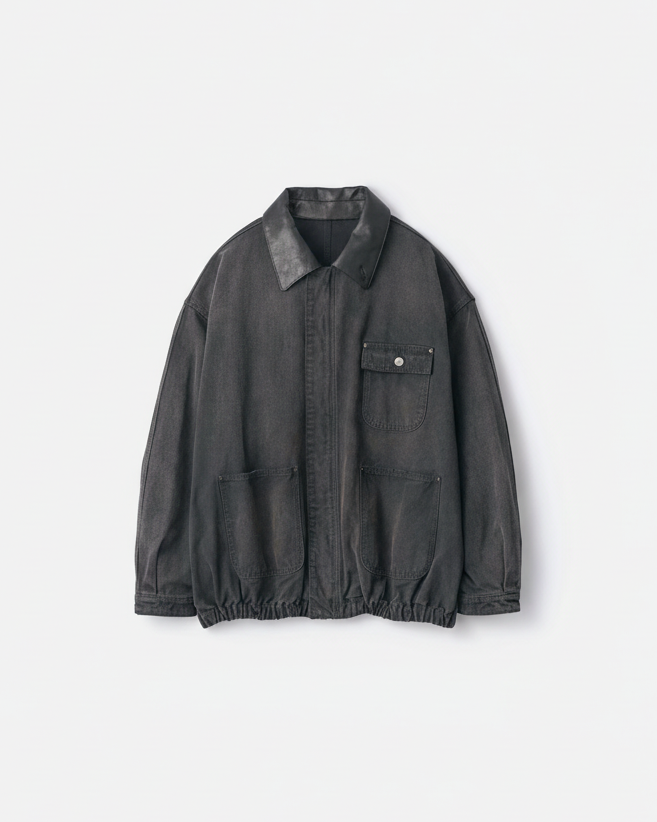 blouson en denim déteint col en cuir stein